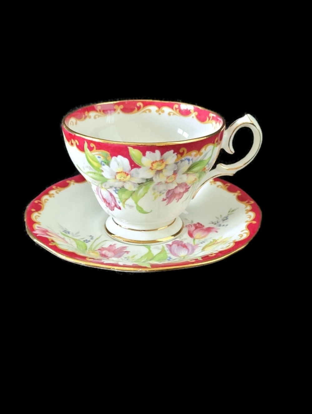 Queen Anne bone china teacup made in England Narcissus Pattern 1930's 1940's.
